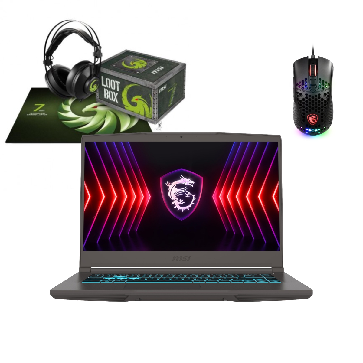 image produit MSI Thin A15 B7VF-201FR - 15.6" FHD 144Hz R5-7535HS RTX4060 16G 512G W11 + LOOTBOX et Souris M99 Cybertek