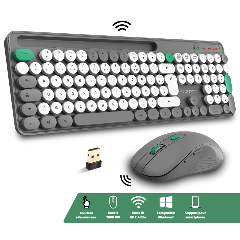 Advance PEP'S WIRELESS sans fil/Silencieux/Gris blanc Vert - Pack Clavier/Souris - 1