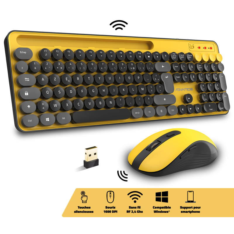 Advance PEP'S WIRELESS sans fil/Silencieux/Jaune Gris Noir - Pack Clavier/Souris - 1