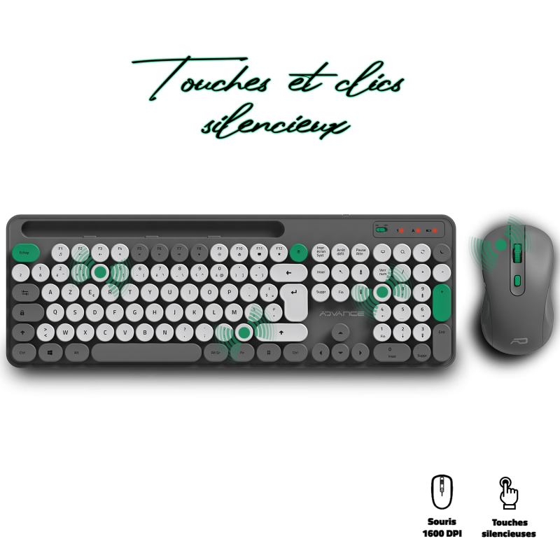 Advance PEP'S WIRELESS sans fil/Silencieux/Gris blanc Vert - Pack Clavier/Souris - 2