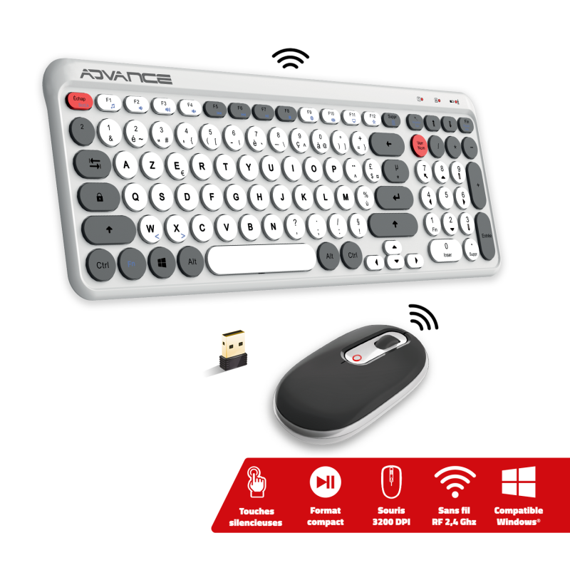 Advance ERGOSTYLE COMBO sans fil RF/Silencieux/Blanc Gris - Pack Clavier/Souris - 1