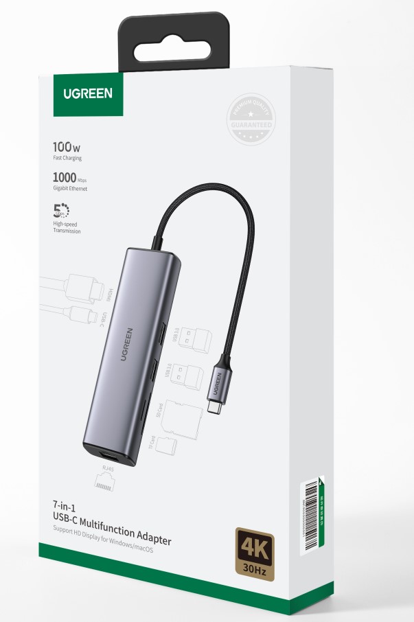 UGREEN Hub 7 ports USB-C 7 en 1/4K 30Hz/100W/0,20m/Gris - Hub - 1