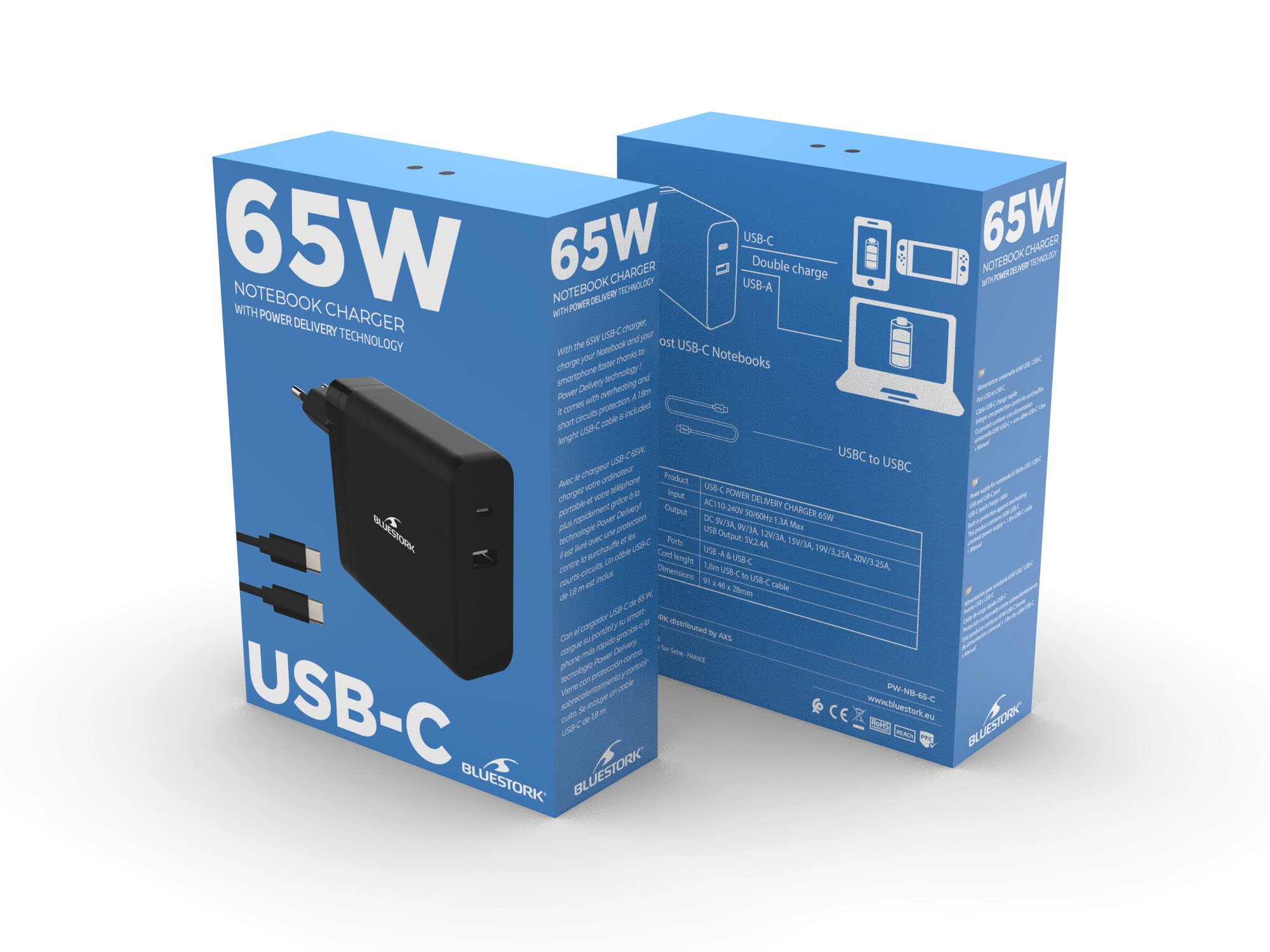 Bluestork Chargeur secteur vers USB et USB-C - 65W - Noir (NB-PW-65-C) - Achat / Vente Accessoire alimentation sur Cybertek.fr - 0