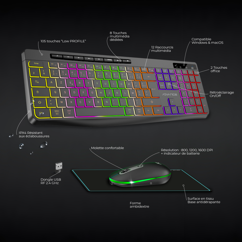 Advance R TYPE Combo Noir Sansfil/RGB/Batterie/IPX4/WinMac - Pack Clavier/Souris - 3