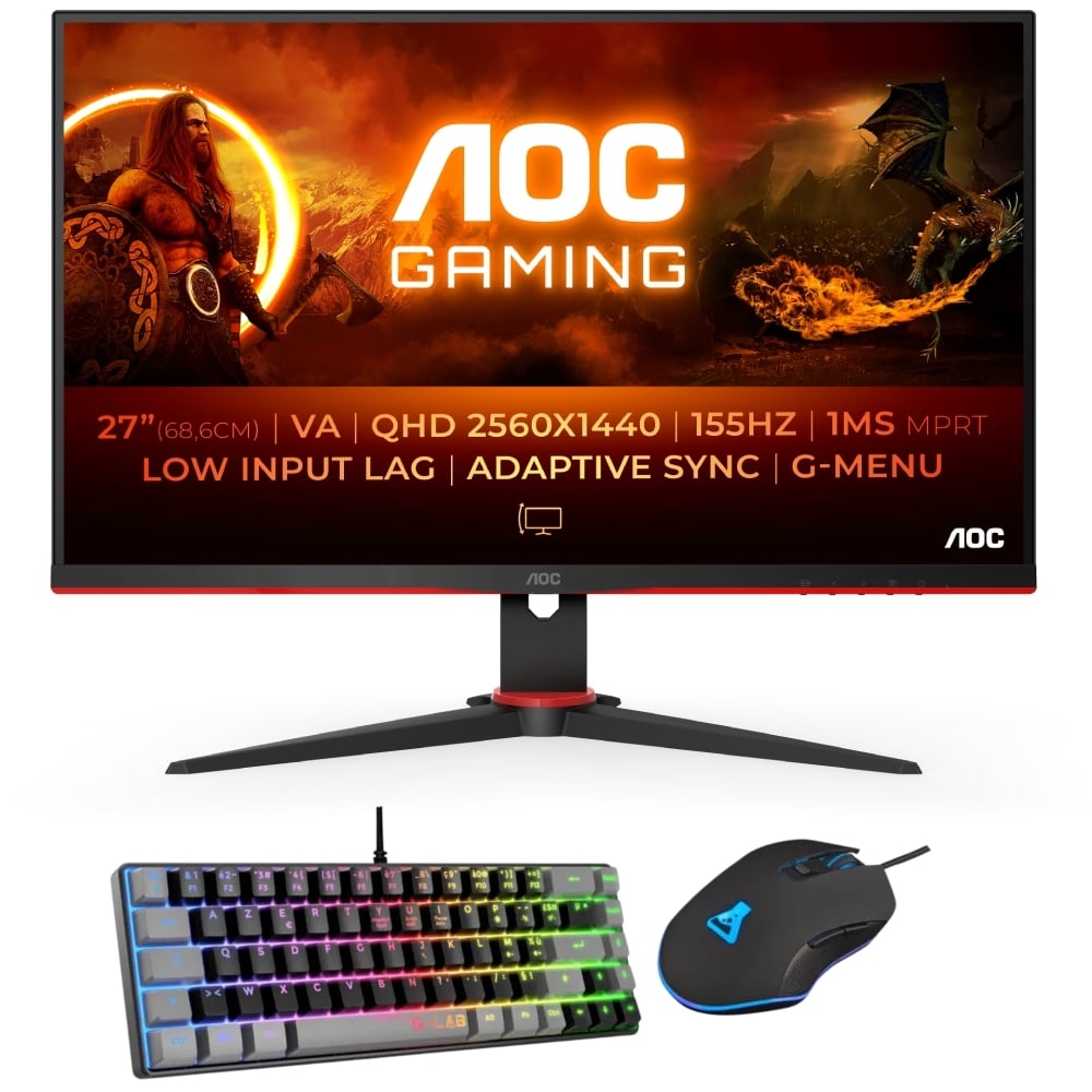 Ecran PC AOC Q27G2E/BK - 27" QHD 155Hz VA 1ms FreeSync Premium + Combo Gaming clavier souris Cybertek