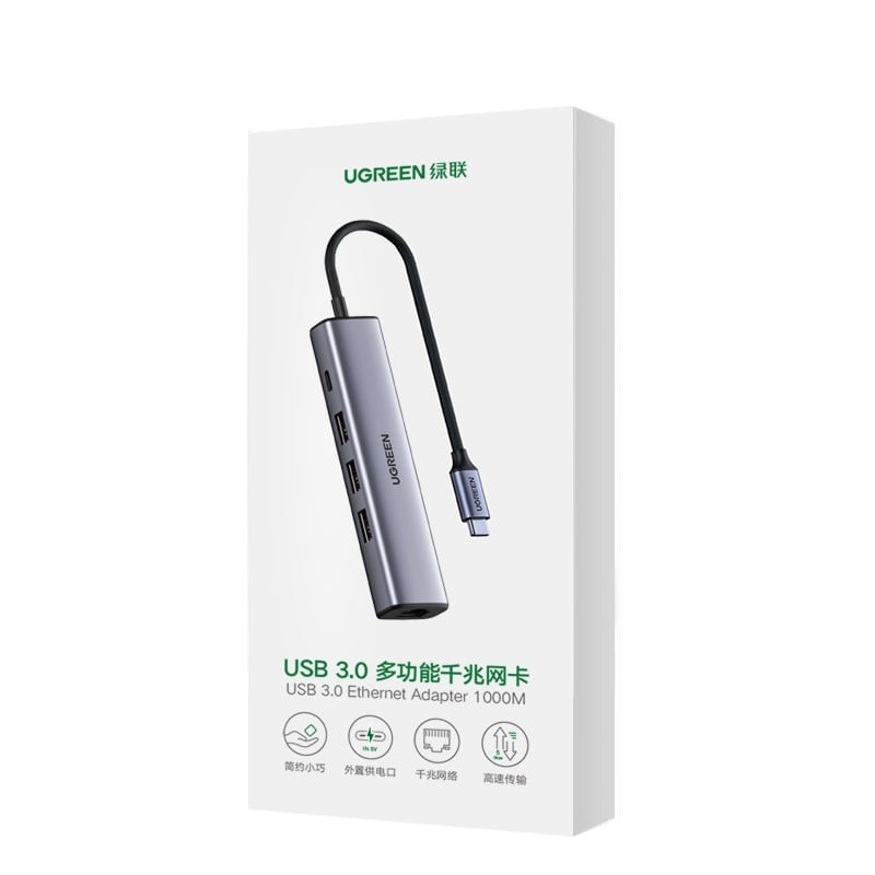 UGREEN Hub 4 ports USB-C vers 3xUSB 3.0+RJ45/0.20m/Gris - Hub - 1