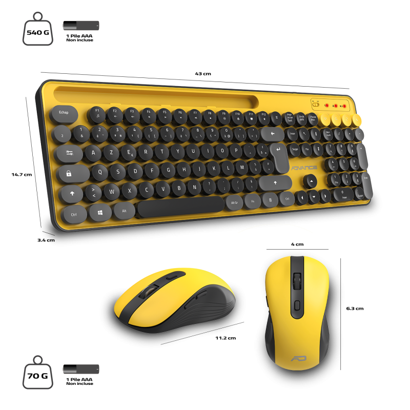 Advance PEP'S WIRELESS sans fil/Silencieux/Jaune Gris Noir - Pack Clavier/Souris - 5