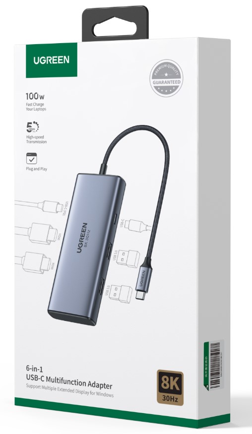 UGREEN Hub 6 ports USB-C 6 en 1/8K30Hz/100W/Gris - Hub UGREEN - 1